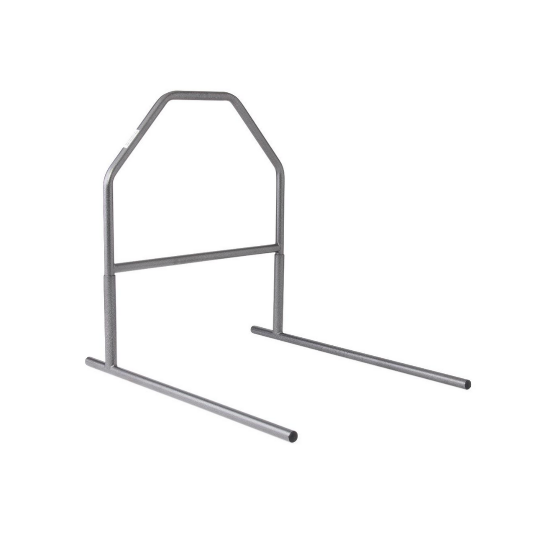 The Medline Economy Trapeze Patient Repositioner features a U-shaped metal frame with two horizontal bars, providing a sturdy bed mobility aid that assists users in getting in and out of bed safely.