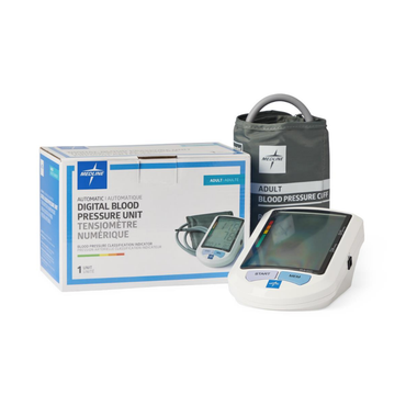 The Medline Elite Automatic Digital Blood Pressure Monitor includes an adult cuff, one-touch user-friendly display unit, and packaging featuring the device and its digital blood pressure readings.