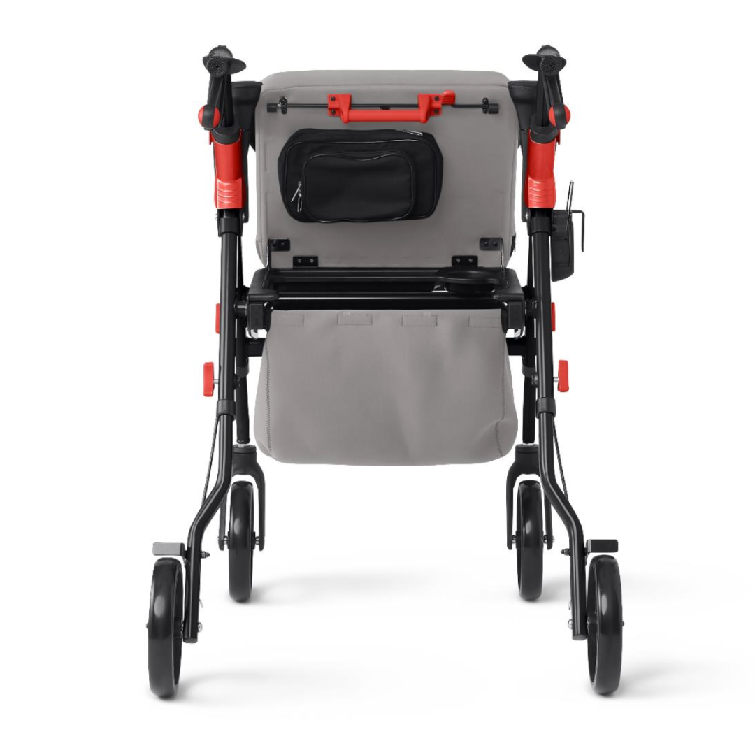 The Medline Empower Rollator with Microban, in sleek black and red, provides superior mobility assistance with a comfortable memory foam seat and upright backrest. It features two large rear wheels, two smaller front ones, and a handy storage pouch under the seat.