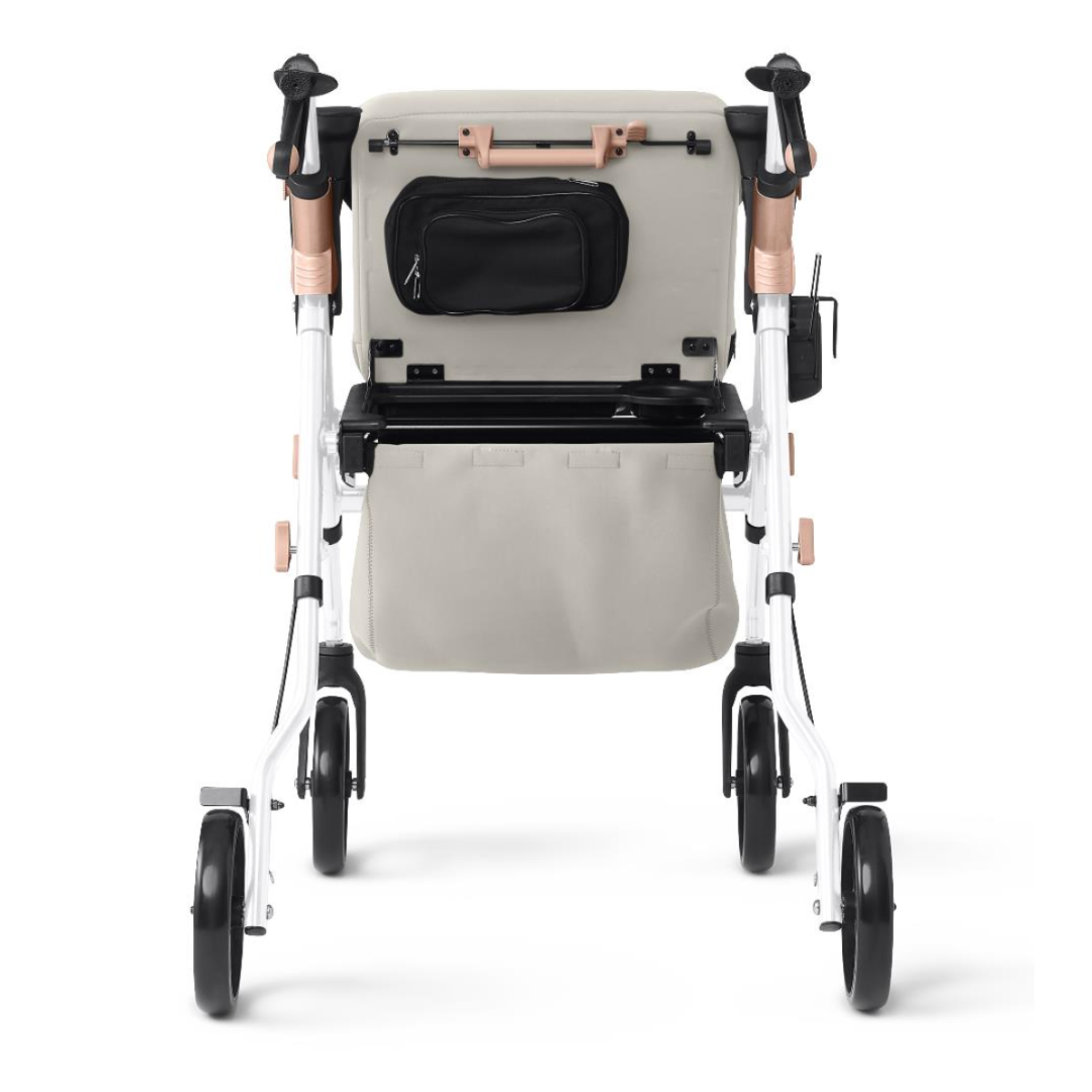 Rear view of the Medline Empower Rollator with Microban, showcasing a beige seat and black wheels. This mobility aid features a light aluminum frame in a light color, along with black handlebars and a small black pouch at the back.