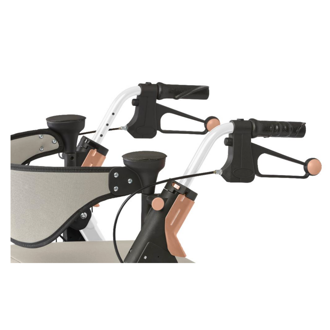 Close-up of the Medline Empower Rollator with Microban featuring foldable handles with black grips, brake levers, and a beige curved fabric backrest. The sturdy aluminum frame has metal support structures with tan accents for dependable mobility assistance.