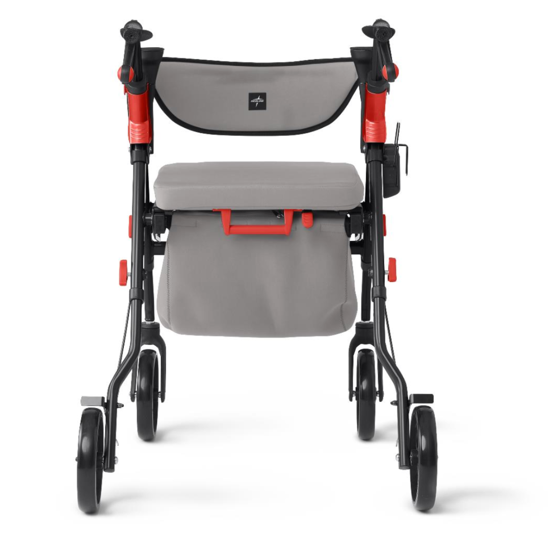 Discover the Medline Empower Rollator with Microban, a stylish gray and black mobility walker with an aluminum frame, four wheels, red accents, front storage bag, ergonomic handles, and a comfortable seat—ideal for style-conscious users seeking mobility assistance.