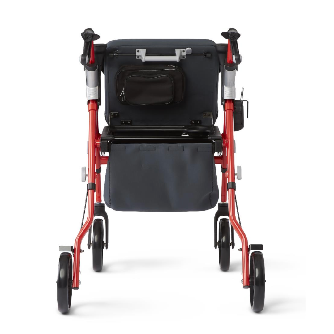 The Medline Empower Rollator with Microban, designed for mobility assistance, features a durable aluminum frame, red finish, black seat, storage pouch, and four wheels. It also includes a small black bag attached to the backrest.