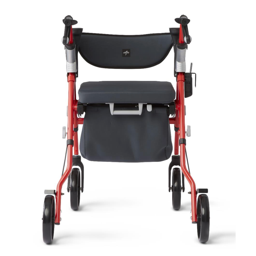 The Medline Empower Rollator with Microban is a red lightweight walker with four wheels, a memory foam seat, storage pouch beneath, ergonomic handles, and brake levers, designed for mobility assistance.