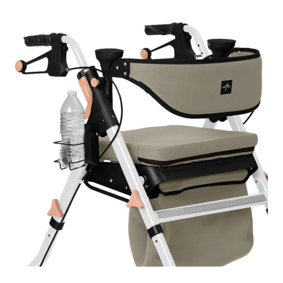 Close-up of the Medline Empower Rollator with Microban, featuring a durable aluminum frame in beige and white, a padded seat, two black handles with brakes, a side water bottle holder, and a subtle black logo on the backrest for reliable mobility assistance.