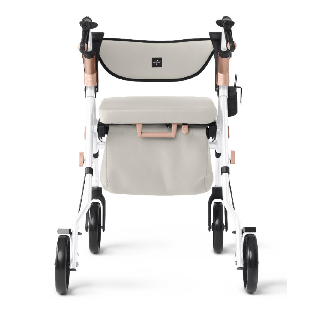 Front view of the Medline Empower Rollator with Microban in beige and white, featuring four black wheels, a cushioned seat, backrest with a small logo, storage bag, and brown handle grips for comfort in mobility assistance.