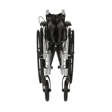The Medline Excel Reclining Wheelchair, shown folded from the front, features an upright design with black armrests and footrests. Its strong steel frame and large rear wheels provide durability and portability.