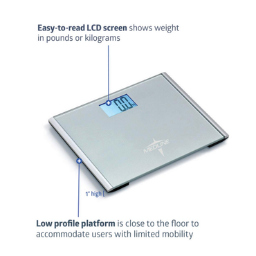 The Medline Extra-Wide Digital Bathroom Scale features an easy-to-read LCD, a spacious glass platform, low 1-inch profile ideal for limited mobility, and supports up to 440 lbs.