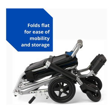 The Medline Fold-Flat Aluminum Transport Chair features a silver frame, black wheels, and folds flat for enhanced mobility and easy storage. Text on blue background reads: Foldable design for enhanced mobility and easy storage.