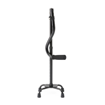 The Medline Folding Aluminum Quad Cane with Small Base features a black finish, metal construction, skid-resistant rubber tips, a contoured handle, and a curved central support bar for extra walking stability and weight-bearing support.