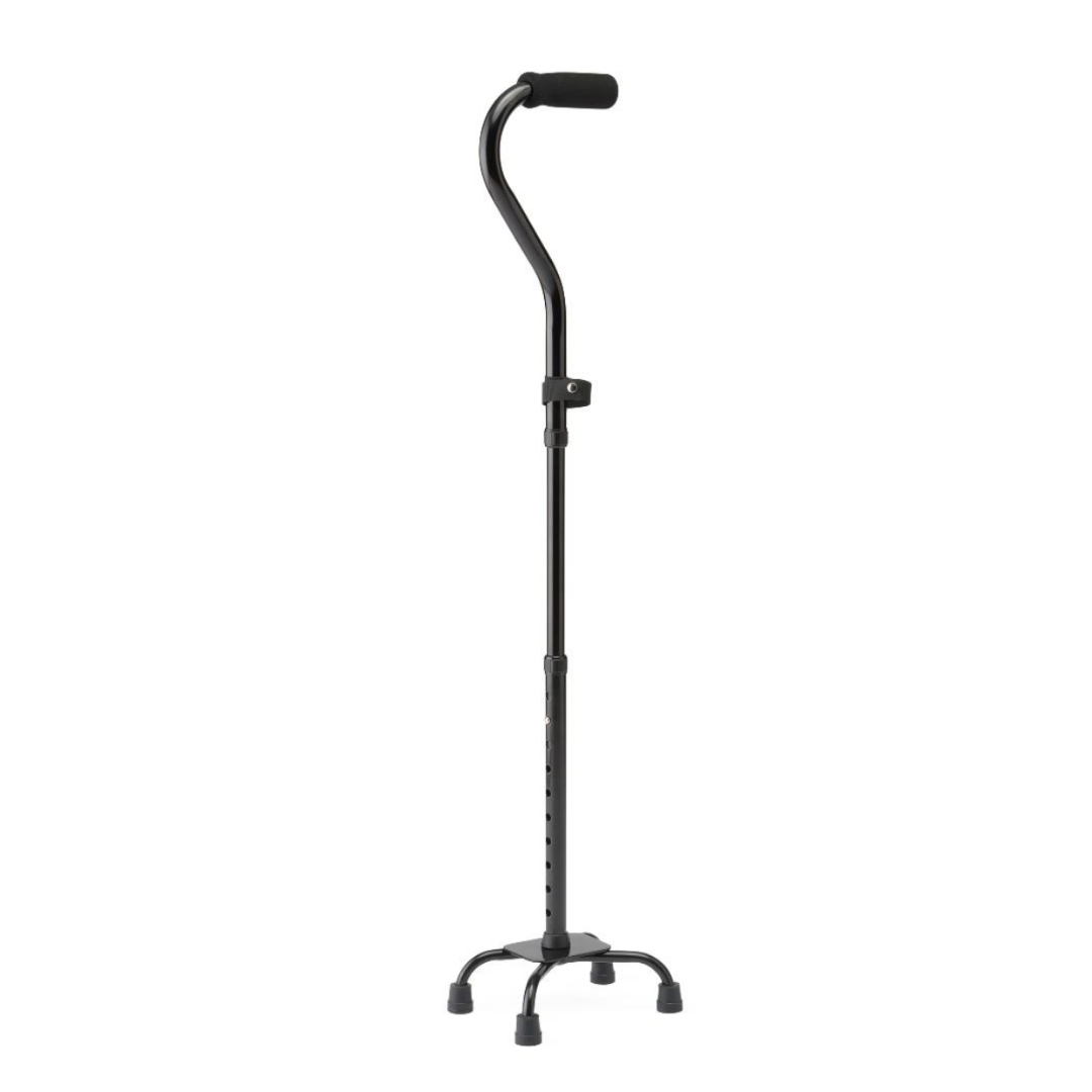 The Medline Folding Aluminum Quad Cane with Small Base is a black, adjustable cane featuring a soft foam handle and skid-resistant rubber tips for enhanced weight-bearing support and stability.