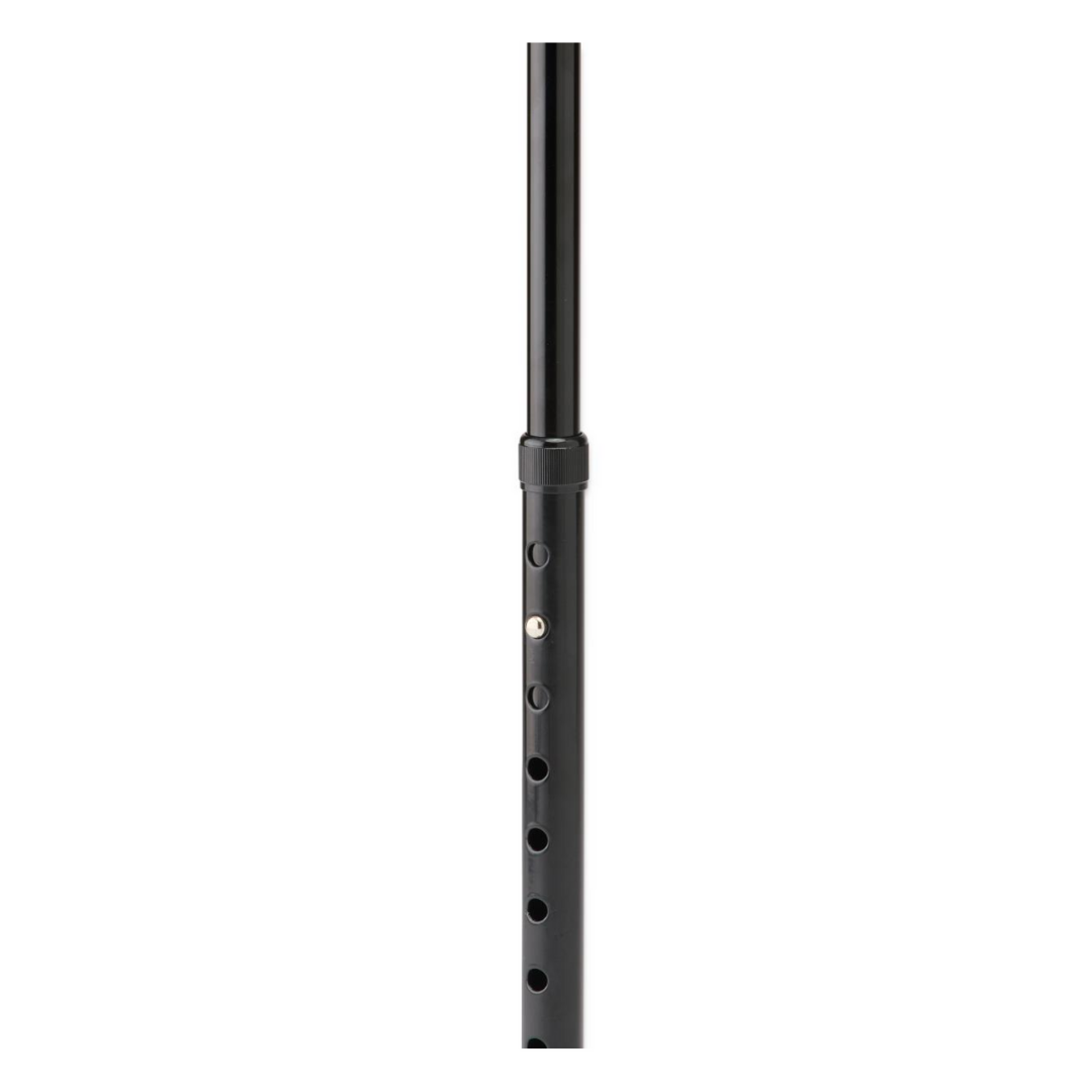 A close-up view of the adjustable center pole of the Medline Folding Aluminum Quad Cane with Small Base, featuring small holes and a locking pin for secure height adjustment—providing stable, weight-bearing support.