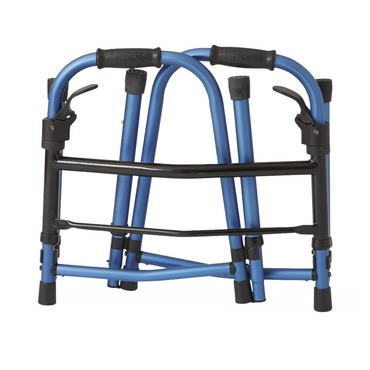 The Medline Folding Paddle Walker with 5 Wheels - Blue is a mobility aid featuring black handles, crossbars, and an ergonomic design. Its height-adjustable feature guarantees a comfortable fit for users.