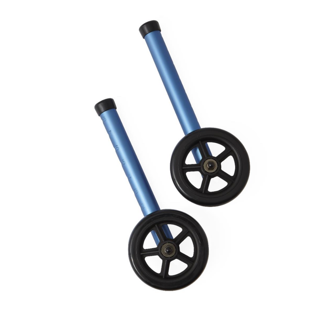 A Medline Folding Paddle Walker, featuring sleek blue metal tubes and two 5 black wheels, isolated on a white background.