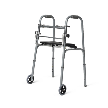 The Medline Folding Walker Seat is a lightweight, foldable gray walker with two front wheels and rear legs for mobility. It features padded handles for comfort and is compatible with the Medline folding walker seat replacement.