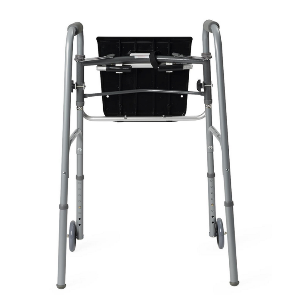 The Medline Folding Walker Seat, featuring two front wheels and a black portable seat, is shown from the back against a white background.