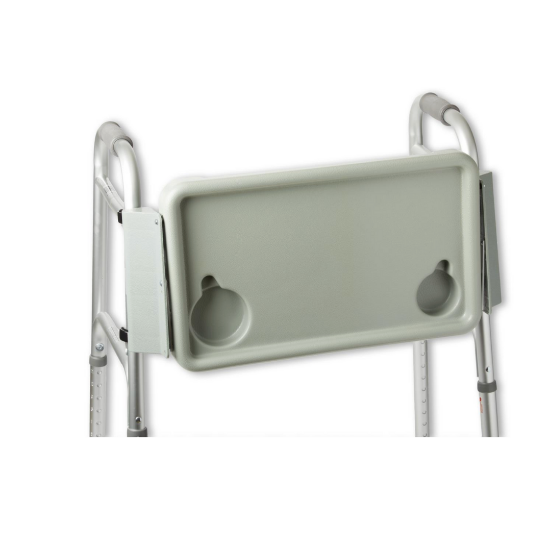 The Medline Folding Tray For Bariatric Walkers is a gray plastic tray with two cup holders that attaches to the top of a silver walker frame, making it easy to carry items and drinks. Compatible with Medline walker accessories.