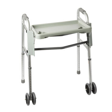 The Medline Folding Tray for Bariatric Walkers is a removable tray that attaches across the handles of a walker, providing a surface to carry items while supporting mobility; compatible with Medline walker accessories.