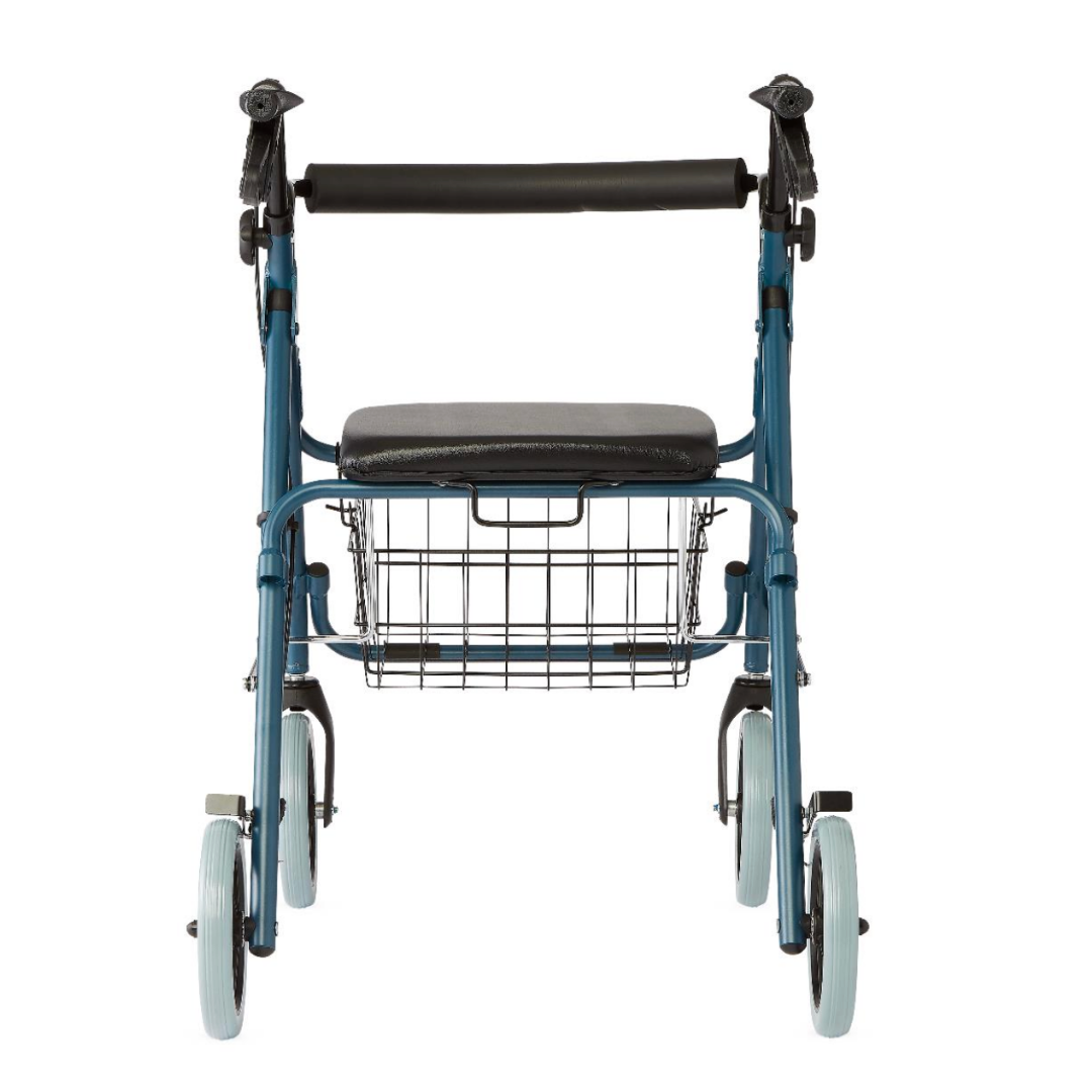 The Medline Deluxe Rollator with 8 wheels features a blue frame, deluxe padded seat, backrest, wire basket under the seat, ergonomic hand grips, and brakes. Its lightweight design is shown in a front-facing image on a white background.