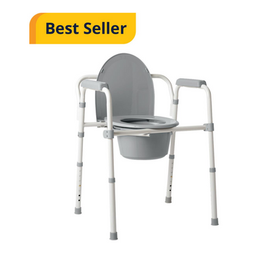 The Medline Steel 3-in-1 Folding Commode with Splashguard is on display, featuring a grey design with white adjustable legs and armrests. It includes a lid, removable bucket, and heavy-duty steel frame for durability, with a yellow Best Seller label in the top left corner.