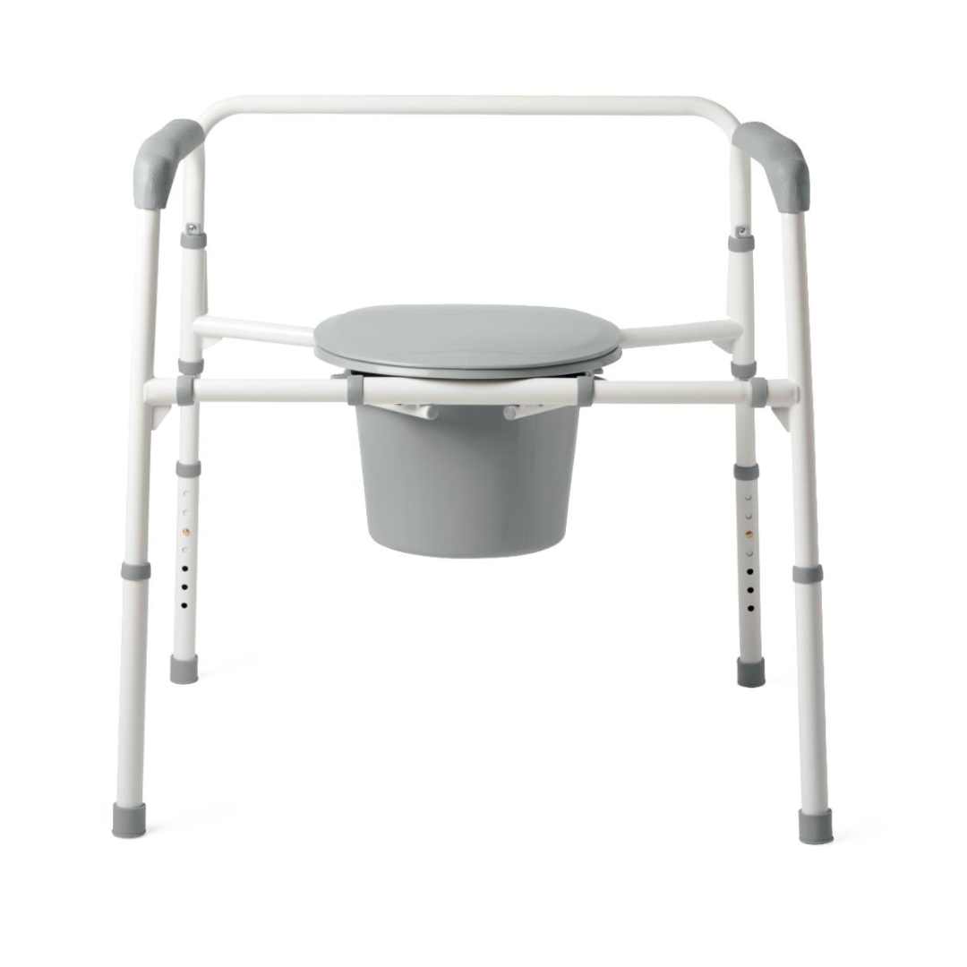 The Medline Bariatric Folding Commode has a sturdy steel frame, adjustable height, armrests, a gray bucket under the seat, and non-slip feet for stability. With a 24 extra-wide seat and 650 lb capacity, it is ideal for those with mobility issues.