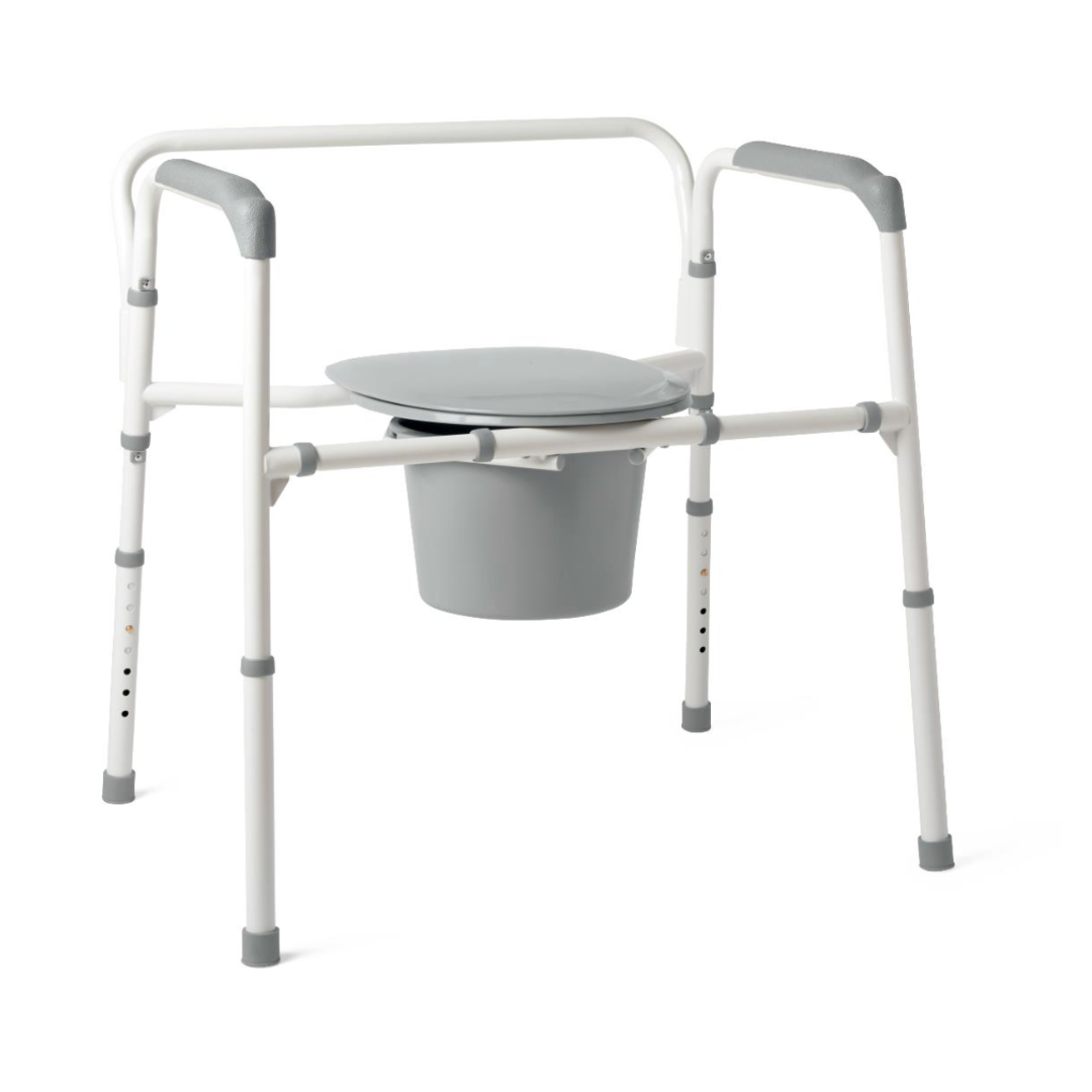 The Medline Bariatric Folding Commode features an adjustable white and gray design with a heavy-duty steel frame, seat cover, and bucket. Its extra wide 24 seat accommodates up to 650 lb. It has adjustable height, durable armrests, and legs for support, making it ideal as a bedside commode option.