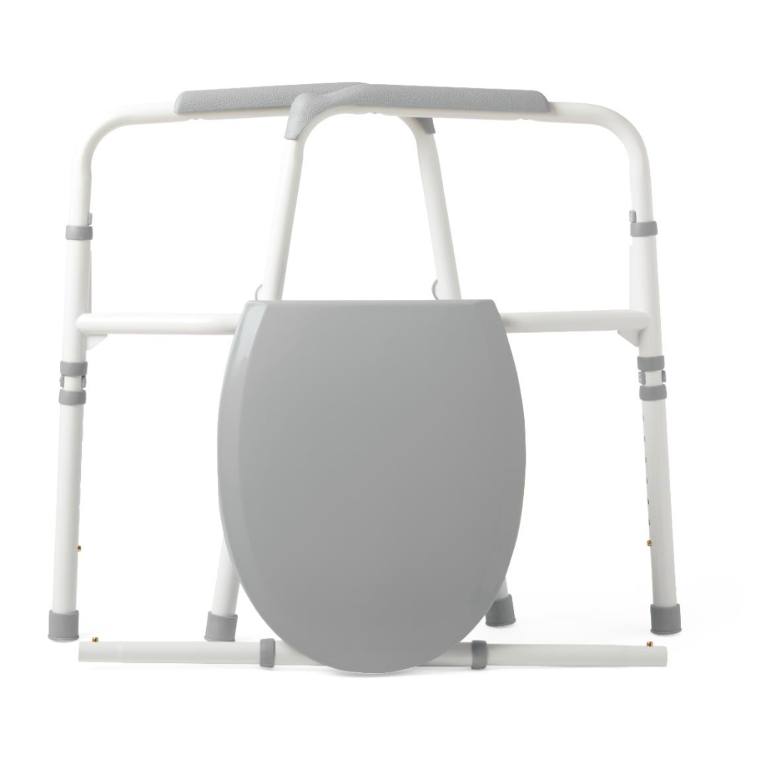 The Medline Bariatric Folding Commode has a gray raised seat with attached white support rails, offering accessibility and ease. It features adjustable height settings and a heavy-duty steel frame with non-slip padding for comfort, providing a 24 extra-wide seat and a 650 lb capacity.