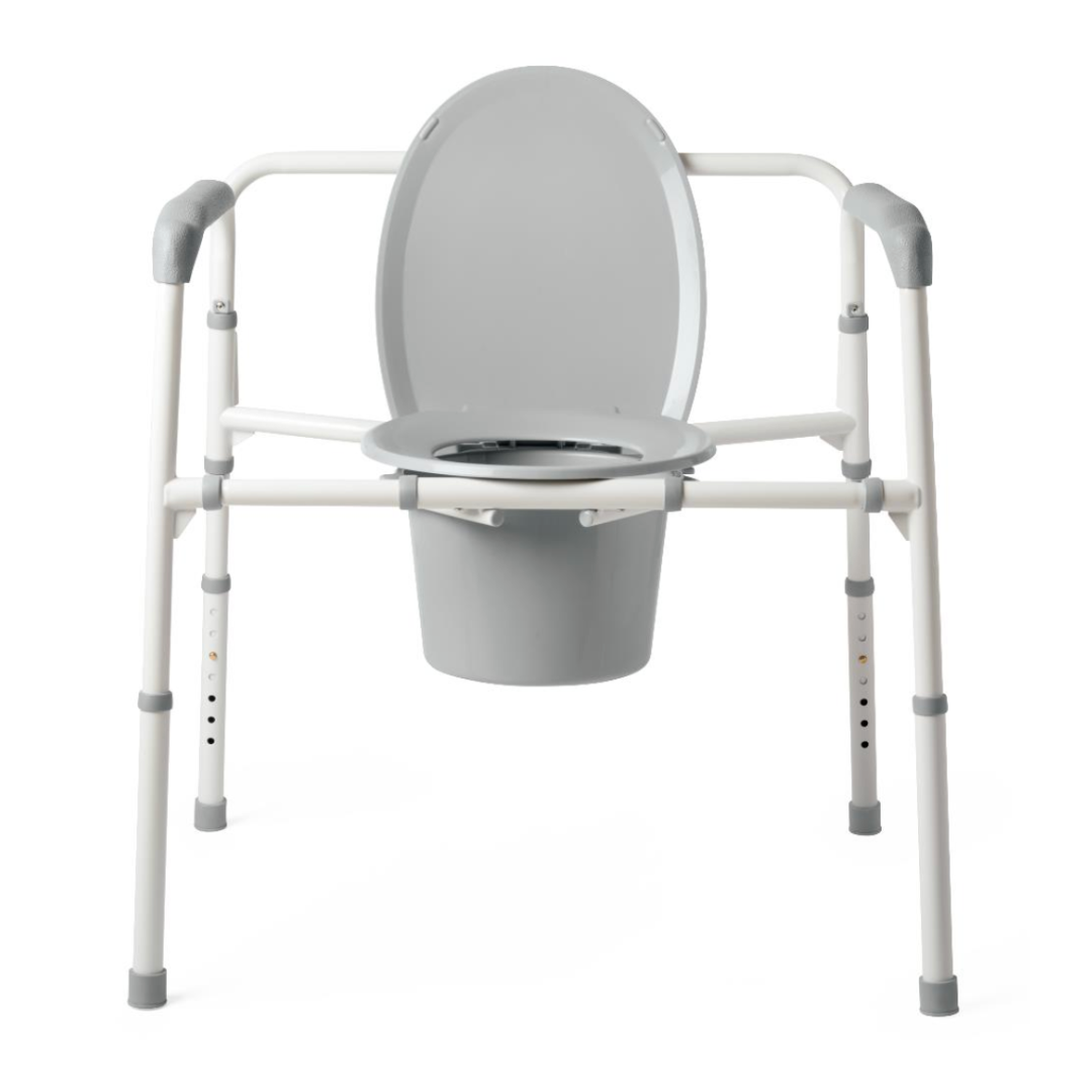 The Medline Bariatric Folding Commode has a durable heavy-duty steel frame, extra-wide 24 seat with a grey lid, adjustable white metal legs, and grey handles. It includes a removable bucket making it suitable as a lightweight bedside commode for bariatric patients up to 650 lb.