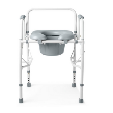 The Medline Steel Drop-Arm Bedside Commode with Padded Seat is gray and white, featuring adjustable height, a molded plastic seat, armrests, and a removable bucket. Its drop-arm design allows wheelchair access, while four sturdy legs with non-slip rubber tips ensure stability.