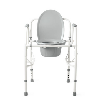 The Medline Steel Drop-Arm Bedside Commode is a grey chair with a padded seat and lid, featuring a sturdy white metal frame, adjustable legs and armrests for stability, plus an easy-access drop-arm design.