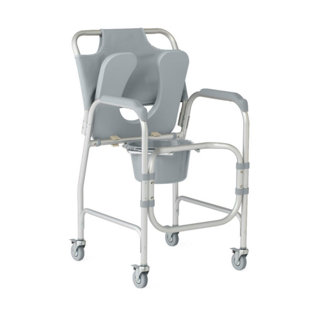 The Medline Drop-Arm Bedside Commode with Wheels & Padded Seat is light gray, has a detachable bucket, padded armrests, high backrest, mobility handles, four caster wheels for easy movement, and an adjustable seat height for comfort.