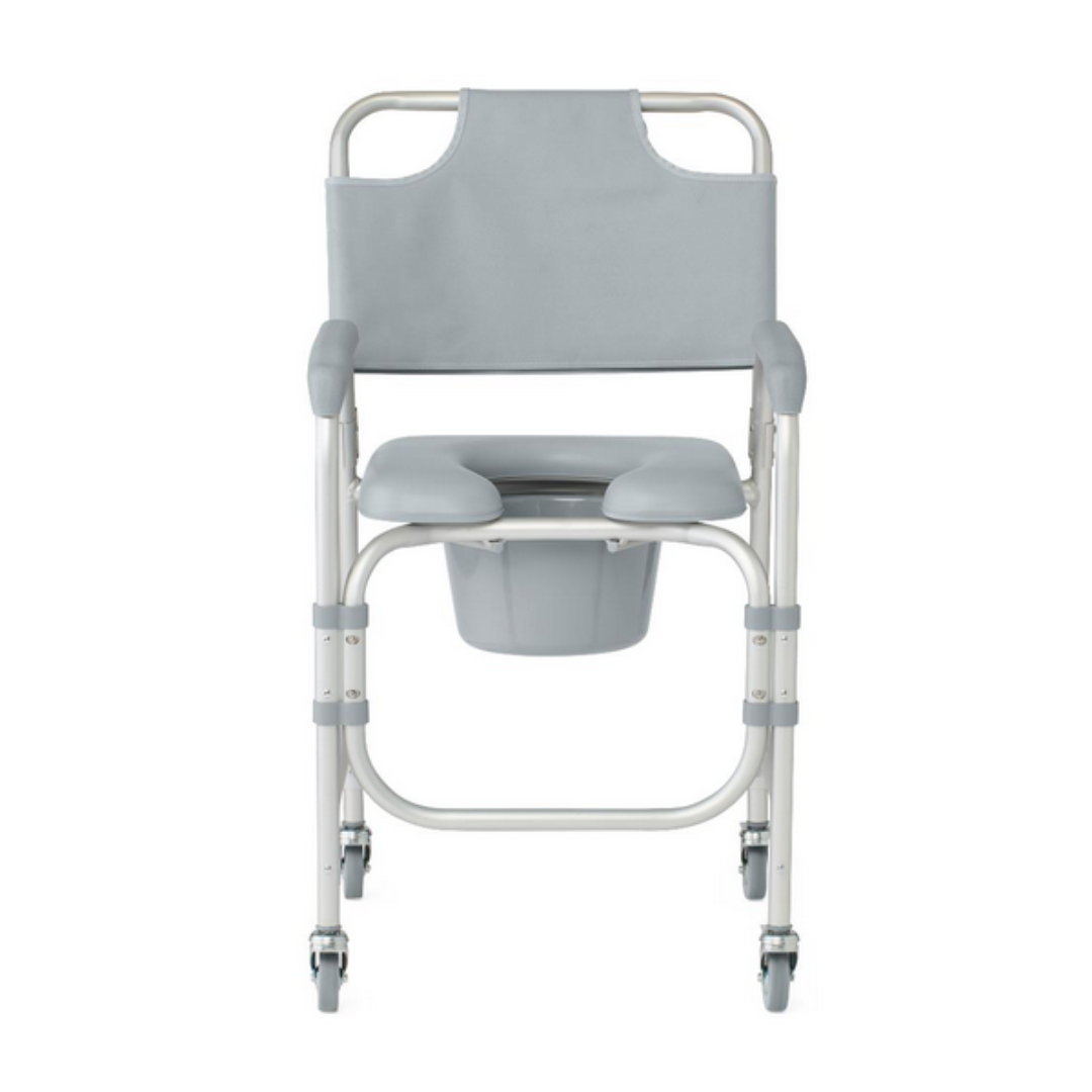 The Medline Drop-Arm Bedside Commode with Wheels & Padded Seat is a portable gray shower commode chair with an adjustable seat height, detachable bucket, sturdy metal frame, padded armrests, and rolling wheels for easy mobility.