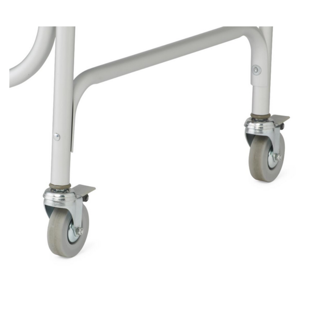 Close-up of two gray caster wheels with metal brackets and locks, attached to the Medline Drop-Arm Bedside Commode, a white metallic structure.