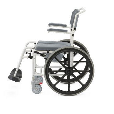 The Medline Aluminum Padded Shower Wheelchair Commode features a sleek gray and white design, large black wheels, a cushioned seat, and armrests. Its front has smaller swiveling wheels, offering a modern blend of style and practicality against a plain white backdrop.
