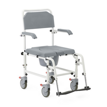 The Medline Aluminum Padded Shower Chair Commode in grey and white features a padded seat and backrest, four wheels, two armrests, a footplate, and a 3-in-1 design for enhanced mobility and comfort during personal hygiene tasks.