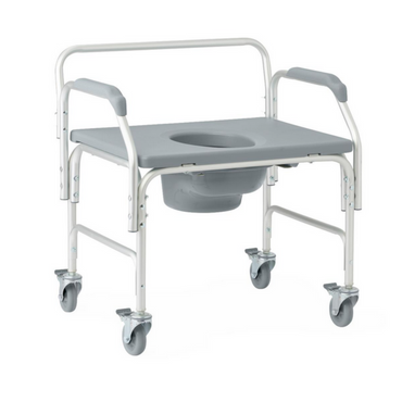 The Medline Aluminum Bariatric Commode with Wheels - 1,000 lb Cap features a durable grey seat, heavy-duty aluminum construction, and four wheels for portability. It includes handles on both sides for support and ease of use.