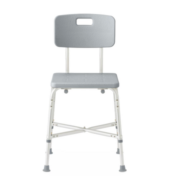The Medline Bariatric Shower Chair with Back features a gray textured seat and a sturdy aluminum frame, accommodating up to 650 lbs. It has four adjustable legs with rubber tips for stability, perfect for safe bathroom seating while bathing.