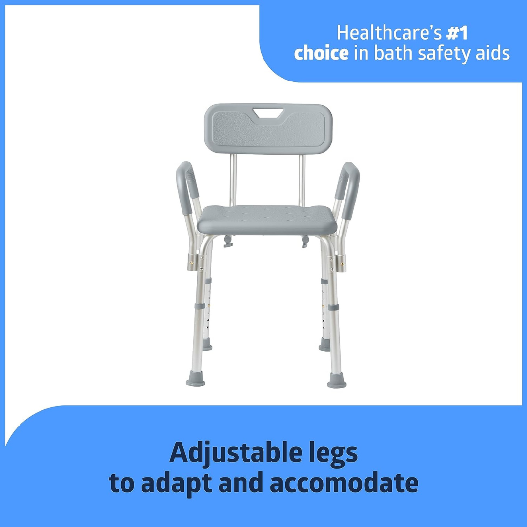 The Medline Shower Chair with Backrest and Padded Armrests features adjustable legs and non-slip rubber feet, showcased on a white background. Blue and white text above highlights it as a top choice in bath safety aids.