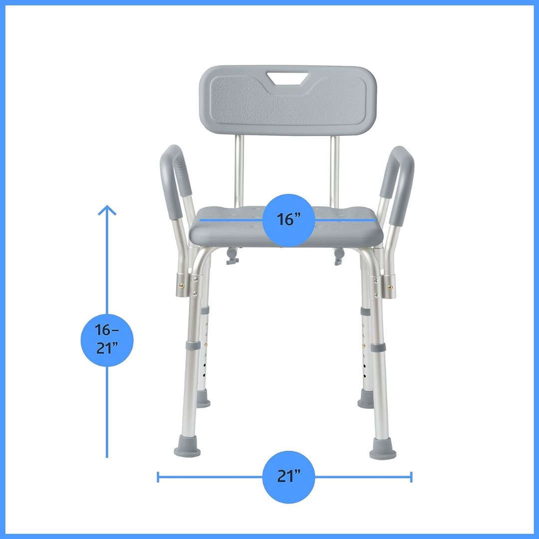 The Medline Shower Chair offers adjustable height (16-21 inches) and features a padded backrest and seat. It includes padded armrests, non-slip rubber feet, and is crafted from durable metal and plastic. The seat width is 16 inches, and the overall width is 21 inches for added safety.