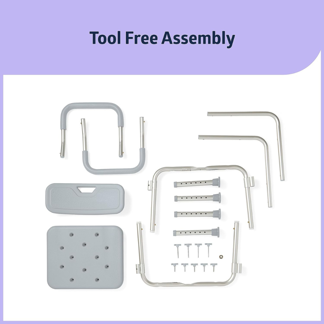 Components for the Medline Shower Chair with Backrest and Padded Armrests are displayed on a white background under the label Tool Free Assembly, featuring seat pieces, metal frame, padded armrests, and bolts for easy hand assembly.