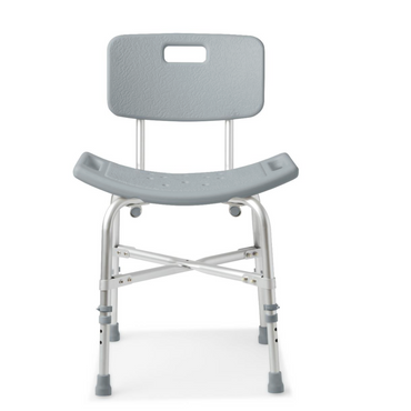 The Medline Bariatric Shower Chair with Back is gray and adjustable, featuring a textured seat and rubber-tipped legs for stability. It has a lightweight design with adjustable seat height and a handle cutout on the backrest for easy transport.