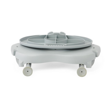 The Medline Folding Portable Shower Chair with Backrest is a sturdy, gray, round unit with slip-resistant wheels and interchangeable compartments for organization. Its design combines straight and curved lines for a stylish appearance and easy movement.