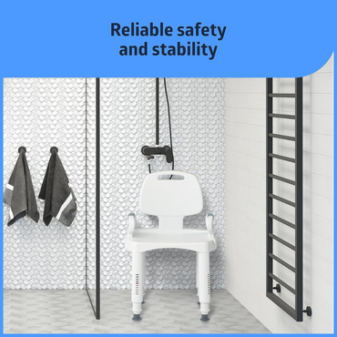 A bathroom has a Medline Premium Plastic Shower Chair with adjustable height under a black showerhead. Towels hang on hooks to the left, while a black ladder-style towel rack adorns the right wall. The text above states, Reliable safety and stability.