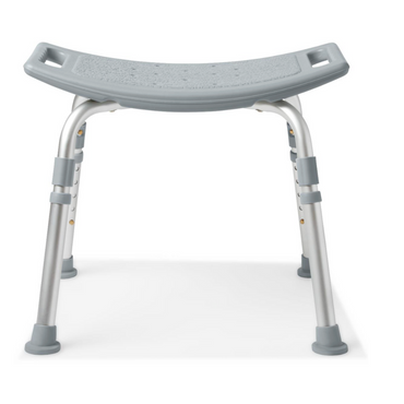 The Medline Bariatric Knockdown Portable Shower Chair without Back is a gray stool with an adjustable textured seat, sturdy aluminum legs with rubber tips for stability, and built-in handles for added support.