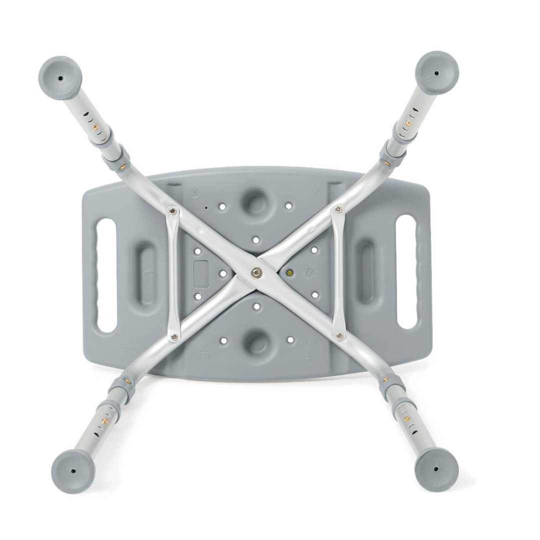 The Medline Bariatric Knockdown Portable Shower Chair without Back, in gray, has an adjustable seat height with four angled legs and rubber tips. It features drainage holes and side handles for convenience, and when upside down, displays its sturdy support structure.