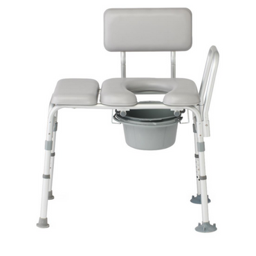 The Medline Bariatric Combination Transfer Bench and Commode with Padded Seat is a gray shower chair featuring a backrest, armrest, and removable bucket for hygiene. Its padded split seating and adjustable legs with suction cups enhance safety and stability.