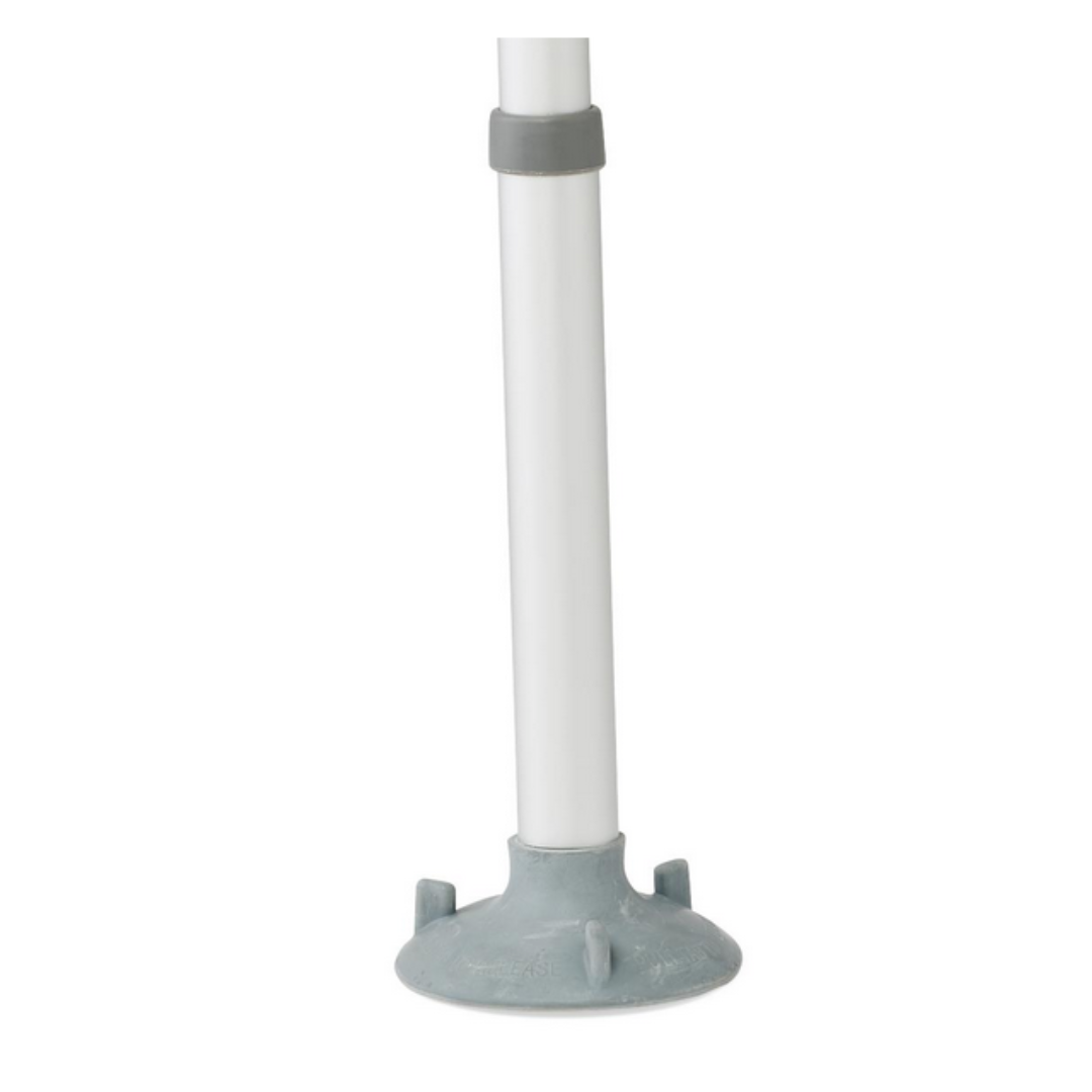 Close-up of a white pole with a gray plastic base featuring suction cups for stability, designed to aid those with mobility challenges. Includes an adjustable gray clamp near the top, securely adhering to surfaces. Ideal for use with the Medline Bariatric Combination Transfer Bench and Commode.