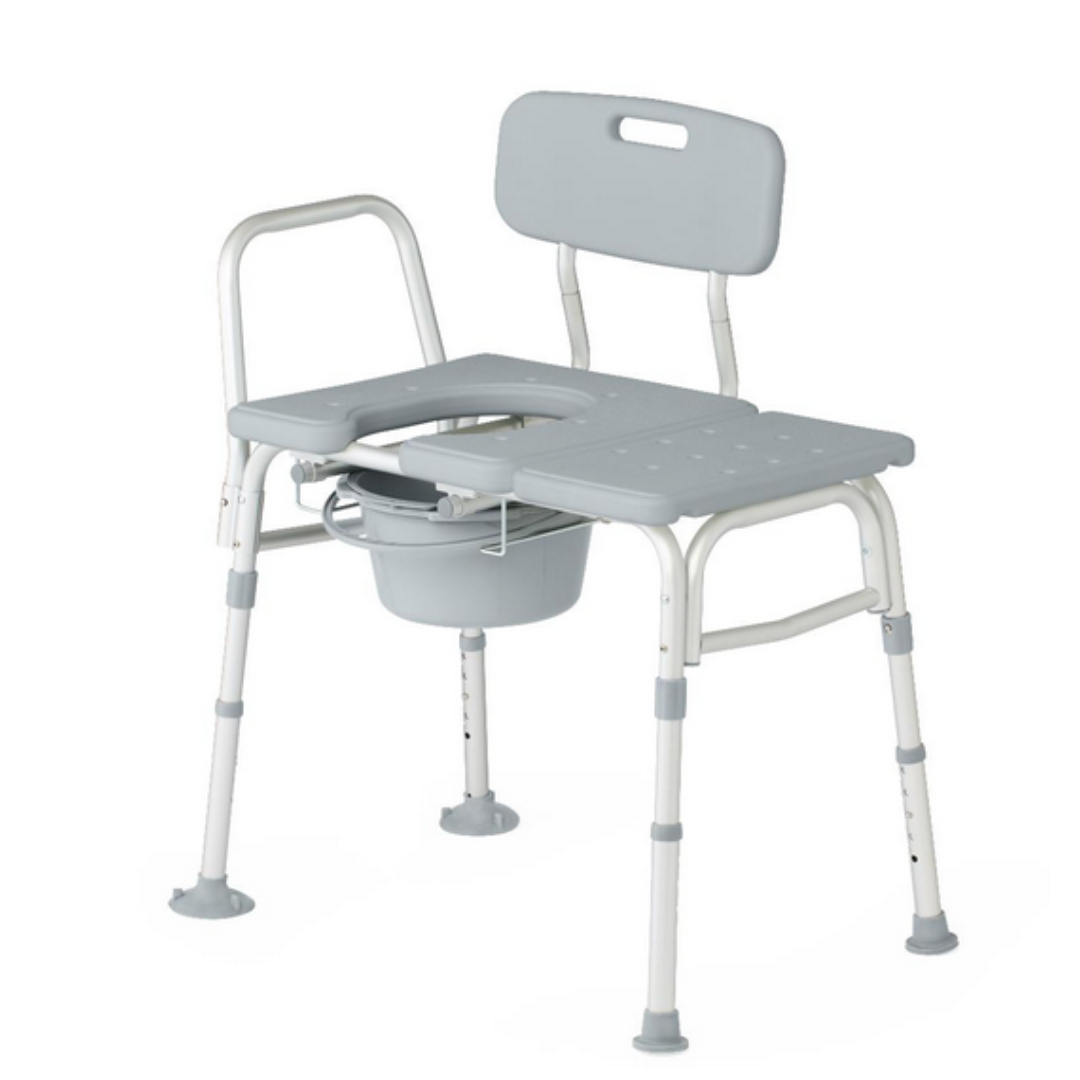 The Medline Bariatric Combination Transfer Bench and Commode, in gray and white, features adjustable legs, a backrest, side handles for support, a built-in commode with a removable bucket, non-slip surface, and rubber feet for enhanced stability—ideal for those with mobility challenges.