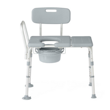 The Medline Bariatric Combination Transfer Bench and Commode is a grey adjustable shower chair with a backrest and handle, featuring a cutout seat for a removable bucket. It doubles as a transfer bench, designed for bathroom accessibility and convenience for those with mobility challenges.