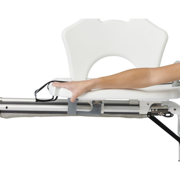 A person’s arm rests on the armrest of a white, latex-free Medline Sliding Transfer Bathtub Bench – Folding & Portable, showing visible metal and plastic parts. The background is plain white.